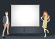 Cartoon business couple and white billboard with empty space