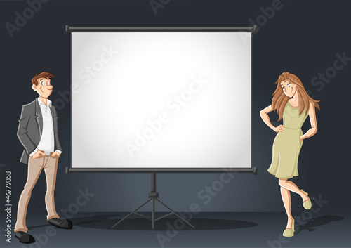Vector: Cartoon business couple and white billboard with empty space Cartoon business couple and white billboard with empty space