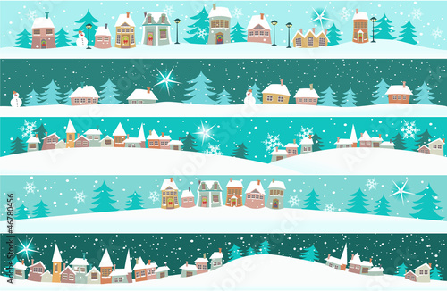 Vector: Winter banners with cartoon houses Winter banners with cartoon houses