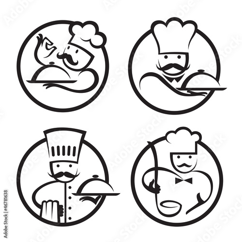 Vector: chefs set with tray of food in hand chefs set with tray of food in hand
