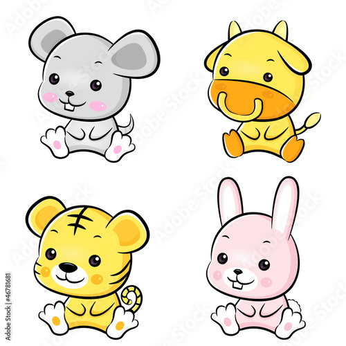 Vector: The front sit down Rat and Cow, Tiger and Rabbit Mascot. The Eas The front sit down Rat and Cow, Tiger and Rabbit Mascot. The Eas