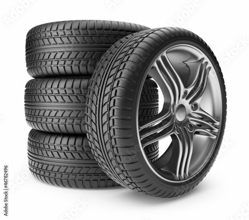 Illustration: Automobile tire. Wheel 3D, Icon isolated on white background Automobile tire. Wheel 3D, Icon isolated on white background