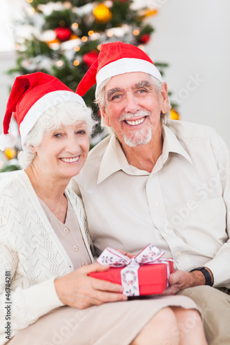 Photo: Smiling old couple swapping christmas gifts Smiling old couple swapping christmas gifts