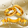 Wedding card with gold rings, silk banner and diamond jewelry