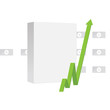 Product box with arrow pointing up on dollar bills background