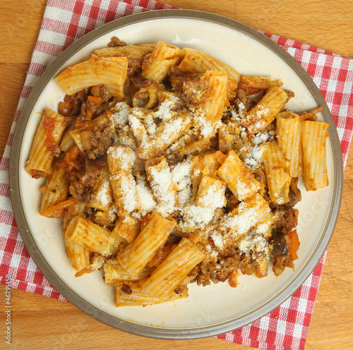 Photo: Pasta with Bolognese Sauce and Grated Parmesan Pasta with Bolognese Sauce and Grated Parmesan