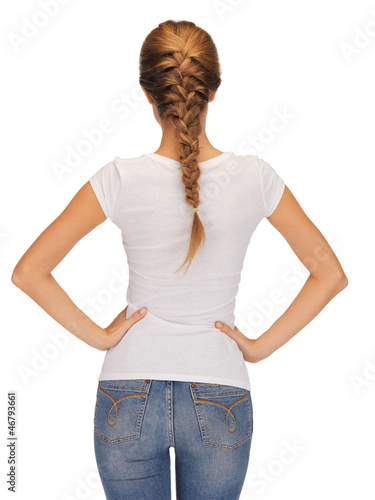 Photo: rear view of woman in blank white t-shirt rear view of woman in blank white t-shirt