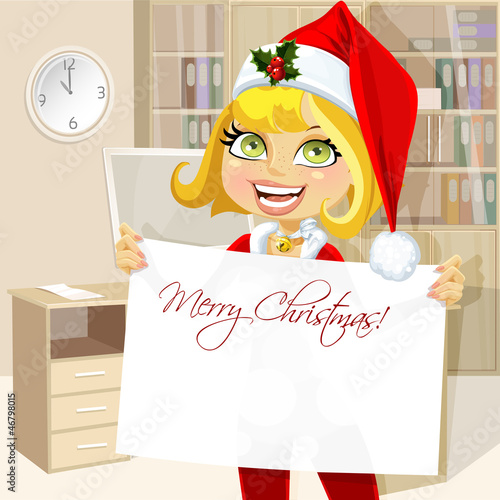 Vector: Business woman in office hold banner Merry Christmas Business woman in office hold banner Merry Christmas