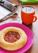 Photo: Freshly baked cake with jam and cup of black tea for breakfast Freshly baked cake with jam and cup of black tea for breakfast