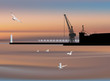 dock silhouette and gulls at sunset