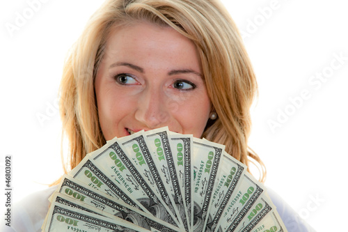 Photo: Dollar Geldscheine und Frau Dollar Geldscheine und Frau