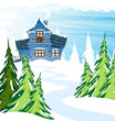 Vektor: Blue two-story house in a pine forest Blue two-story house in a pine forest