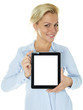Business woman showing her tablet pc with copyspace