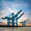 Cargo sea port. Cranes in the port. Sunset.