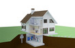 Schema Geotermia, pompe di calore, caldaia, rendering 3d
