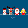 Xmas Sitting Snowman, Rudolph, Santa & Angel Blue Background