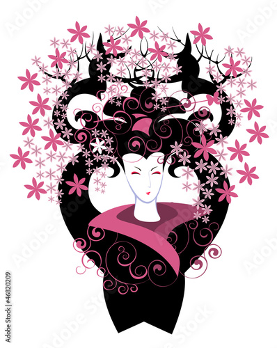 Illustration: Image of a geisha and cherry blossoms Image of a geisha and cherry blossoms