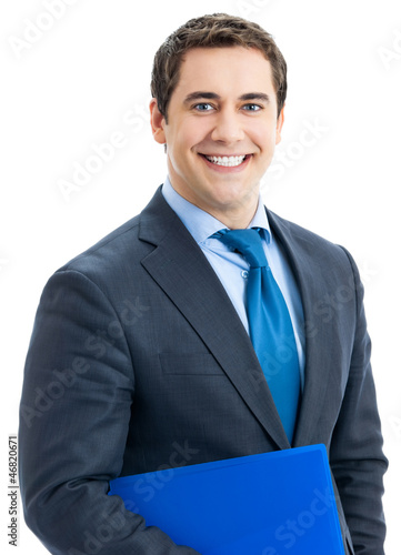 Photo: Businessman with blue folder, isolated Businessman with blue folder, isolated