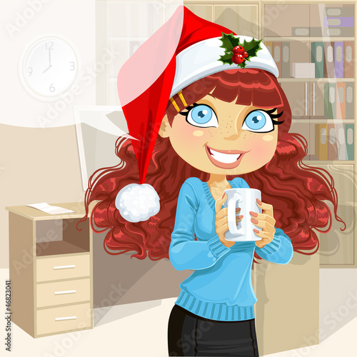 Vector: Business woman in Christmas morning office hold cup of hot drinc Business woman in Christmas morning office hold cup of hot drinc