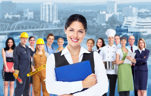 Photo: Business woman and group of workers people. Business woman and group of workers people.