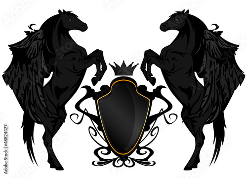 Vector: black winged horses with heraldic shield black winged horses with heraldic shield