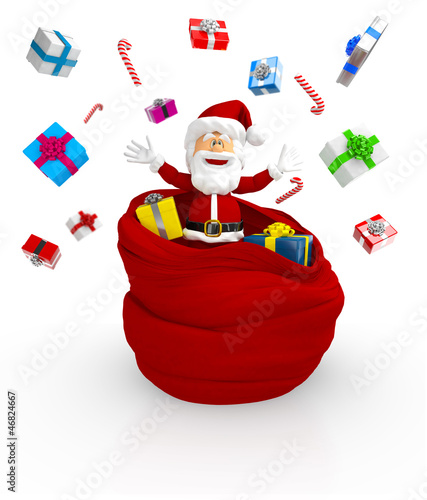 Illustration: 3D Happy Santa throwing gifts 3D Happy Santa throwing gifts