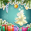 Christmas card with gifts and pine tree