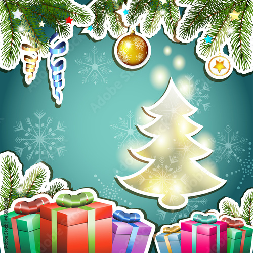 Vector: Christmas card with gifts and pine tree Christmas card with gifts and pine tree