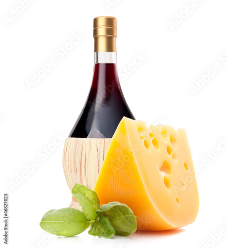Photo: Red wine bottle and cheese still life Red wine bottle and cheese still life