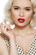 Fashion woman model with red lips make-up, curly blond hair