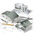 Architectural background with a building model and drawings