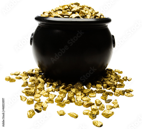 Photo: Nuggets of gold spilling out from pot Nuggets of gold spilling out from pot