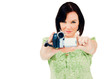 Happy woman holding home video camera