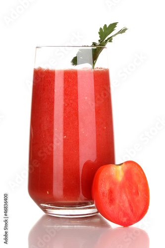 Photo: Glass of tomato juice isolated on white Glass of tomato juice isolated on white