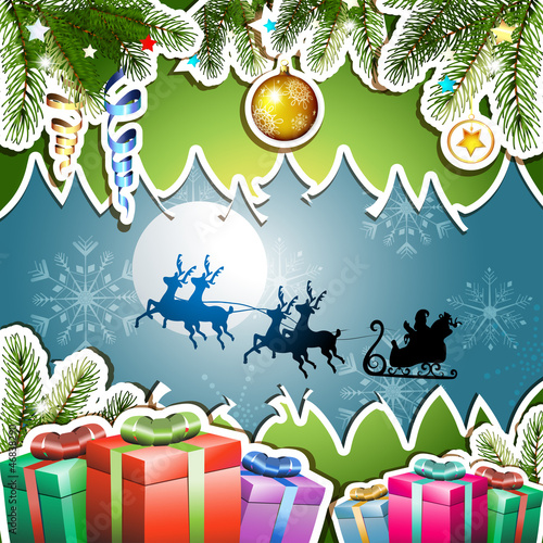 Vector: Christmas with gifts and Santa sleigh Christmas with gifts and Santa sleigh
