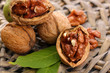 walnuts with green leaves, on  wicker background
