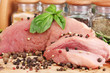 A large piece of pork marinated with herbs and spices close-up