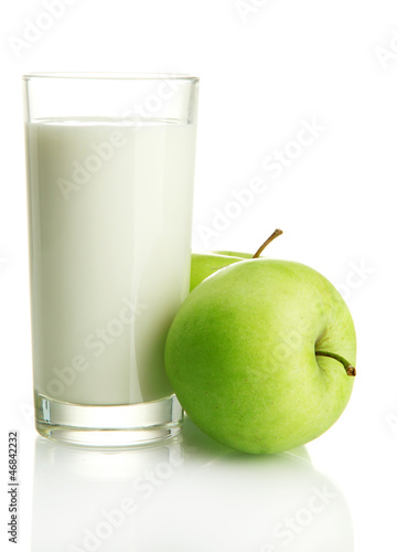 Photo: Glass of kefir and green apples, isolated on white Glass of kefir and green apples, isolated on white