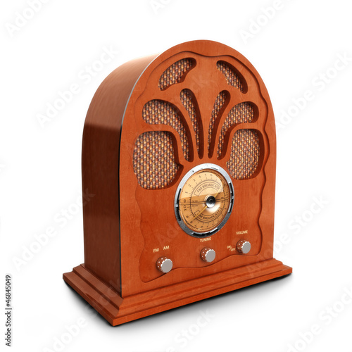 Illustration: Retro vintage wood radio on a white background Retro vintage wood radio on a white background