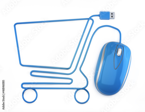 Illustration: Online shopping, blue mouse in the shape of a shopping cart Online shopping, blue mouse in the shape of a shopping cart