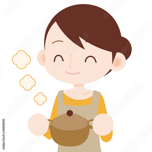 Illustration: エプロンを着た女性 上半身 鍋を運ぶ エプロンを着た女性 上半身 鍋を運ぶ