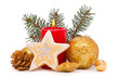 Christmas decorations and advent candle on white background.