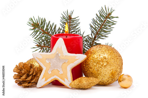 Photo: Christmas decorations and advent candle on white background. Christmas decorations and advent candle on white background.
