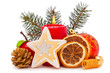 Christmas decorations and advent candle on white background.