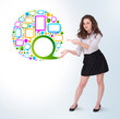 Young business woman presenting colourful speach bubble