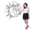 Young woman drawing a globe on whiteboard