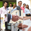 Mosaic of couples viewing property with estate agent
