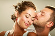 Young man and woman together over white background