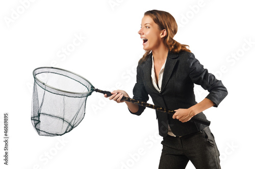 Photo: Woman with net isolated on white Woman with net isolated on white