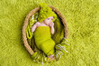 Newborn baby in woolen hat inside basket over green background